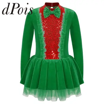 Рождественское платье-пачка для танцев для девочек, Бархатное платье для катания на коньках с длинным рукавом и блестками, Рождественский костюм для косплея, Танцевальная одежда для выступлений