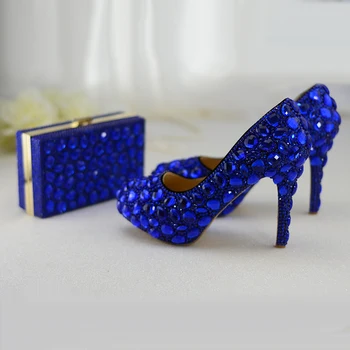 Комплект свадебных туфель и сумок с кристаллами королевского синего цвета; Женская модная обувь на высоком каблуке; женские туфли-лодочки на платформе с круглым носком; высокие туфли-лодочки