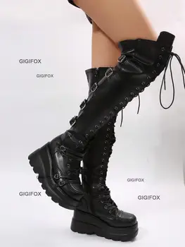 GIGIFOX/ Женские Ботфорты выше колена На платформе, Модные Мотоциклетные ботинки в готическом стиле в стиле панк, Зимние Массивные Ботинки на шнуровке, Новая Обувь в стиле Рок