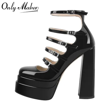 Женские туфли-лодочки Onlymaker на платформе с ремешком и пряжкой, черная лакированная кожа с перекрестной шнуровкой, квадратный носок, модные вечерние туфли на толстом высоком летнем каблуке
