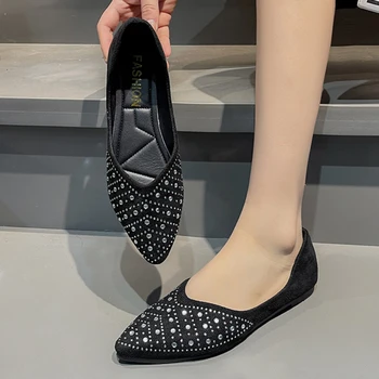Обувь для женщин 2023, Пикантные женские туфли на плоской подошве с острым носком, модные женские туфли со стразами, нескользящая износостойкая повседневная обувь