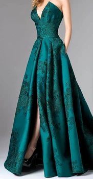 2023 Зеленое вечернее платье Русалки с V образным вырезом, Роскошная аппликация, вечернее платье с высоким разрезом для официальных мероприятий, сшитое на заказ Платье для выпускного вечера без рукавов
