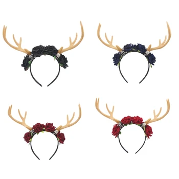 Женский головной убор с оленьими рогами, цветок черепа, повязка на голову для Хэллоуина, Рождественские Креативные Готические Аксессуары для волос